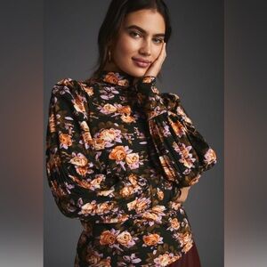 Anthropologie Tiered Sleeve Turtleneck Dark Floral Womens Size XS